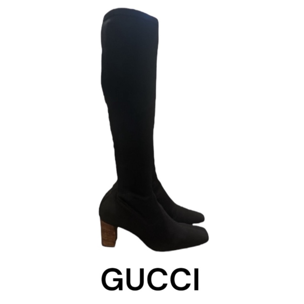 Authentic Gucci luxury designer vintage black stretch fabric tall boots Sz 5.5 - Picture 2 of 11